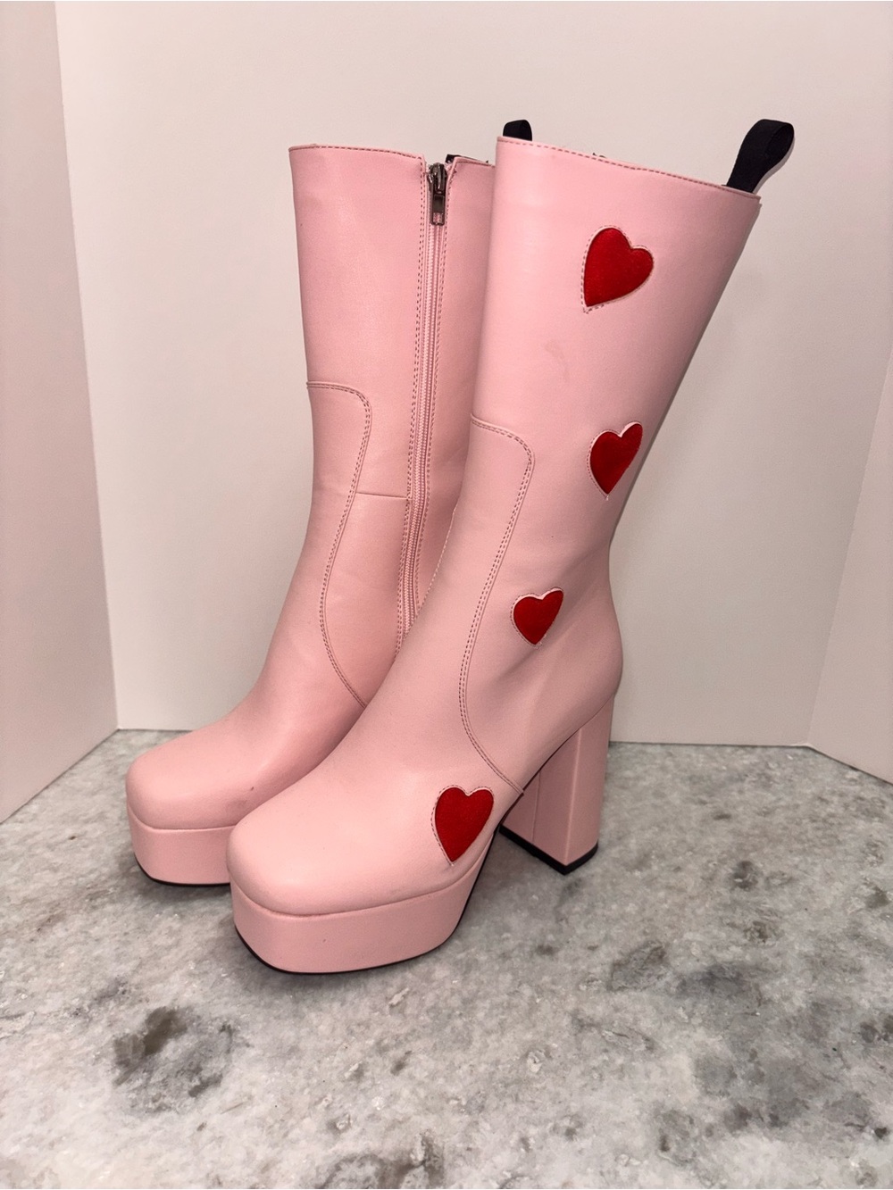 Lamoda Game of Love Pink Heart Appliqué Platform Heeled Boots - Women's Fashion